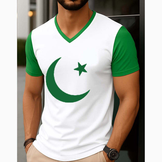 White Contrast Style CT Big Printed V-Neck Half Sleeve Azadi Tshirt. D-49
