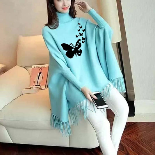 Small Butterfly Printed Bat-Wing Style Winter Poncho.