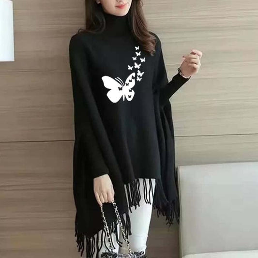 Small Butterfly Printed Bat-Wing Style Winter Poncho.