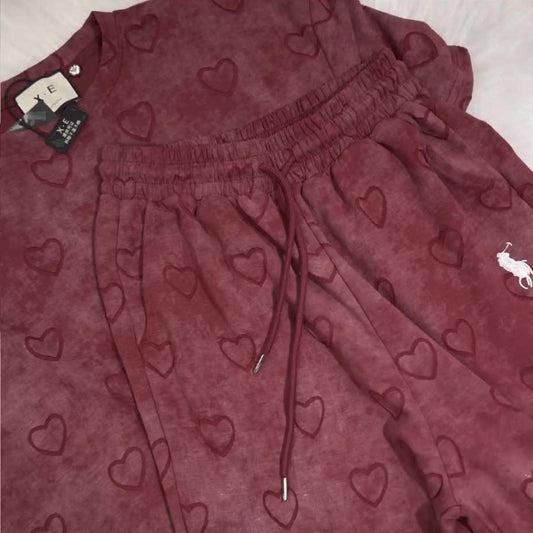 Maroon Heart Textured Horse Logo Printed Style Western 2-Pcs Summer Tracksuit For Her. WSTS-08