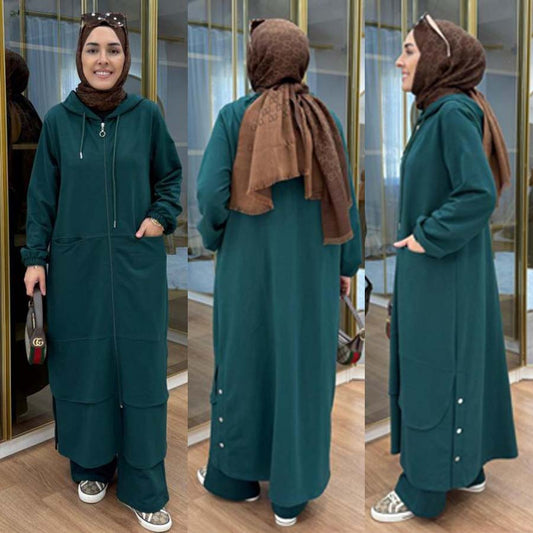 Long Zipper Baggy-Pocket Hooded Abaya Style 2-Pcs Winter Suit. WWTS-54