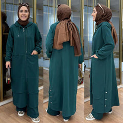 Long Zipper Baggy-Pocket Hooded Abaya Style 2-Pcs Winter Suit. WWTS-54