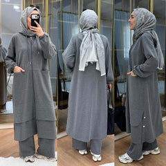 Long Zipper Baggy-Pocket Hooded Abaya Style 2-Pcs Winter Suit. WWTS-54