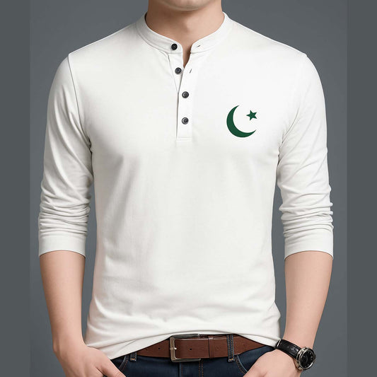 White Henley Collar CT Logo Printed Full Sleeve Azadi Tshirt. D-54