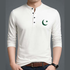 White Henley Collar CT Logo Printed Full Sleeve Azadi Tshirt. D-54