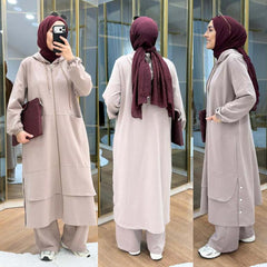 Long Zipper Baggy-Pocket Hooded Abaya Style 2-Pcs Winter Suit. WWTS-54