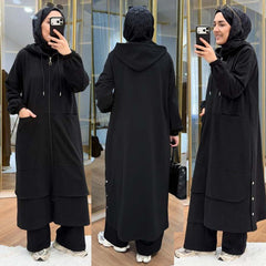 Long Zipper Baggy-Pocket Hooded Abaya Style 2-Pcs Winter Suit. WWTS-54