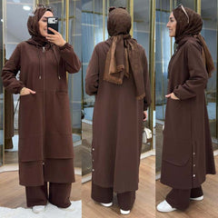 Long Zipper Baggy-Pocket Hooded Abaya Style 2-Pcs Winter Suit. WWTS-54