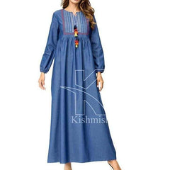 Denim Multi Bunch Embroidery Long Maxi For Winter's D-1.