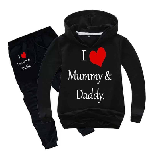 Kids I love Mummy and Daddy Printed Hoodie Style 2-Pcs Winter Track-Suit.