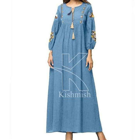 Denim Sleeves Bunch Embroidery Long Maxi For Winter's D-2.