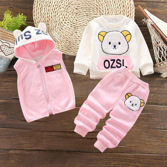 Pink Ozsl Bear Printed 3-Pcs Winter Track-Suit For Kid's. K3PWTS-02