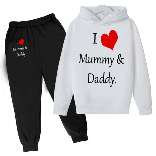 Kids I love Mummy and Daddy Printed Hoodie Style 2-Pcs Winter Track-Suit.