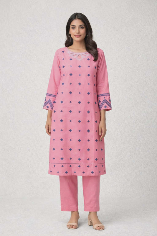 Trendy Neck Peach Contrast Thread Embroidery Style Long 2-Pcs Stiched Suit.