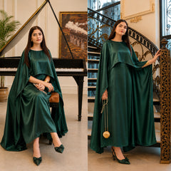 Aizal Flowy Shrug & Long Maxi Style 3-Pcs Silk Stiched Suit.