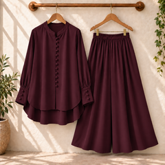 Fawoza Solid Western Shirt & Plazo Style 2-Pcs Stiched Co-Ord Set.