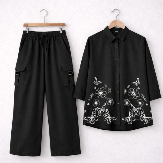 Cotton Embroidered Western Shirt & Cargo Style 2-Pcs Stiched Co-Ord Set. KML-01