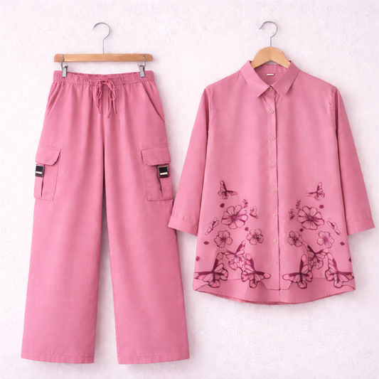 Pink Cotton Embroidered Western Shirt & Cargo Style 2-Pcs Stiched Co-Ord Set. KML-01