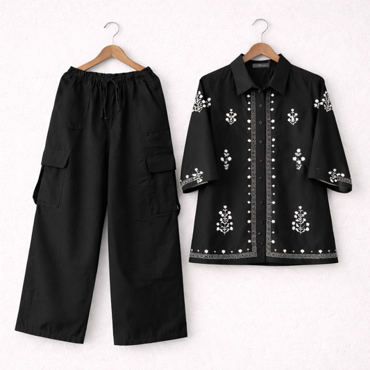 Cotton Embroidered Western Shirt & Cargo Style 2-Pcs Stiched Co-Ord Set. KML-02