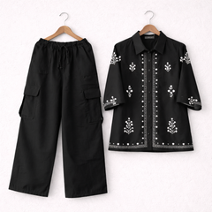 Cotton Embroidered Western Shirt & Cargo Style 2-Pcs Stiched Co-Ord Set. KML-02