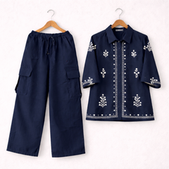 Cotton Embroidered Western Shirt & Cargo Style 2-Pcs Stiched Co-Ord Set. KML-02