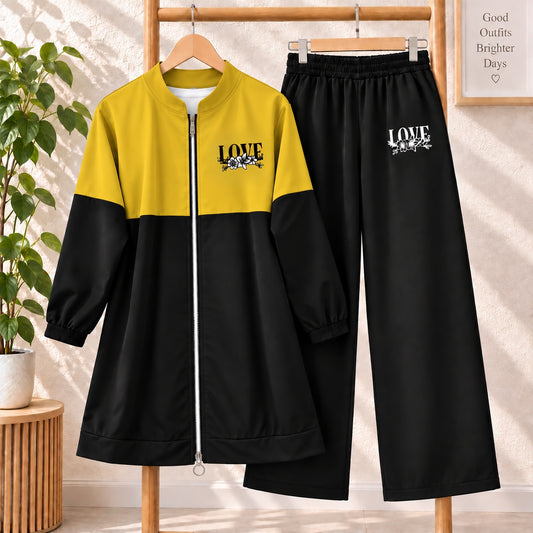 Black-Yellow Love Printed Patch-Work Style Long Winter Tracksuit For Her.