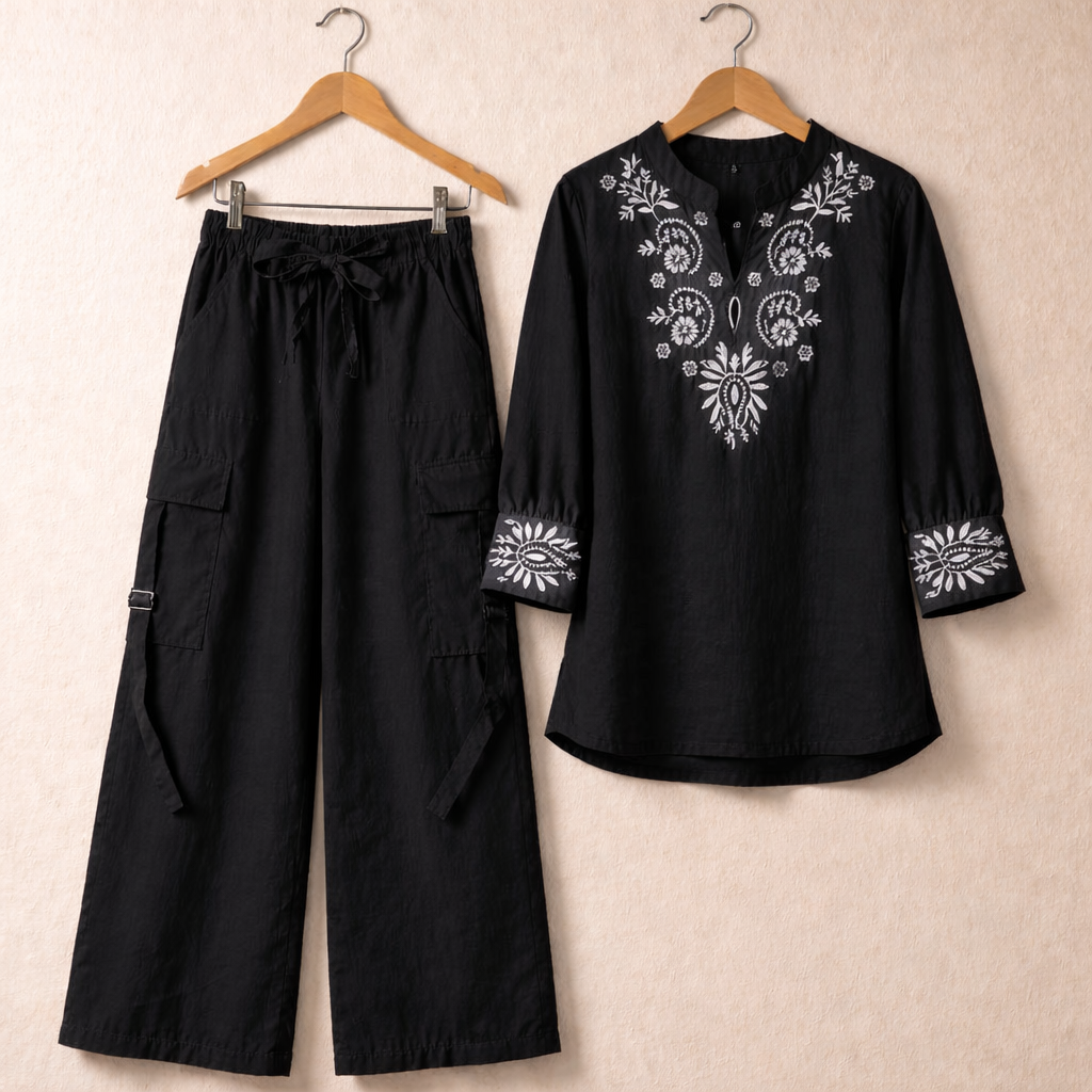 Cotton Embroidered Western Shirt & Cargo Style 2-Pcs Stiched Co-Ord Set. KML-05