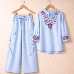 Cotton Embroidered Western Shirt & Cargo Style 2-Pcs Stiched Co-Ord Set. KML-05