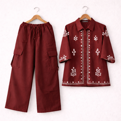 Cotton Embroidered Western Shirt & Cargo Style 2-Pcs Stiched Co-Ord Set. KML-02