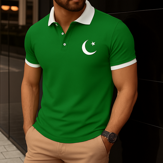 Contrast Collar Style CT Logo Printed Green Azadi Polo Tshirt.
