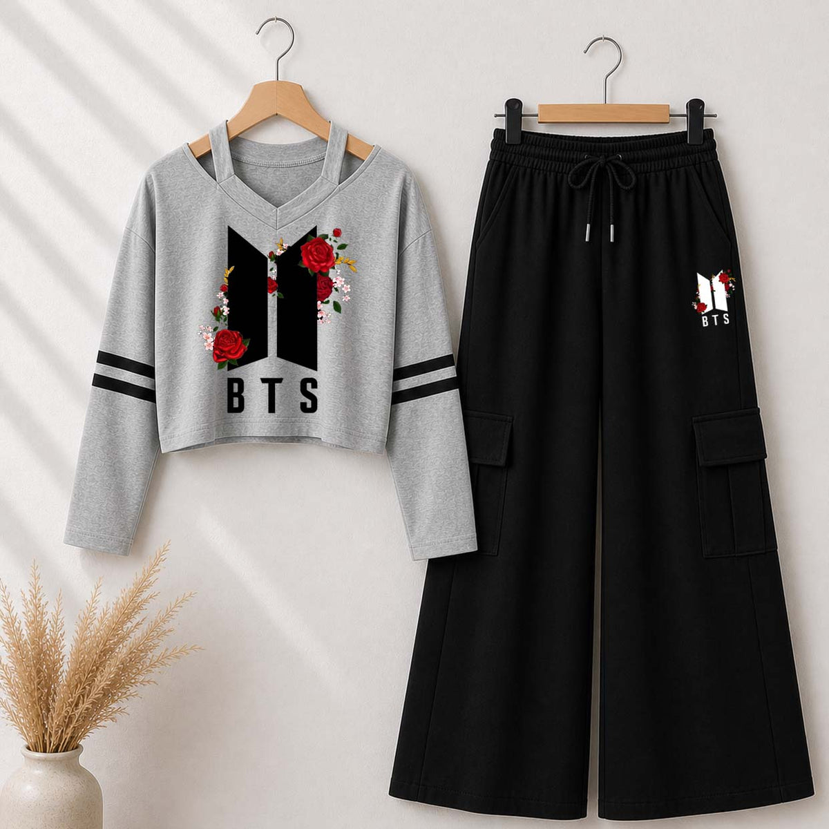 Grey BTS-Flower Printed V-Neck Shoulder Strap & Cargo Trouser Style 2-Pcs Summer Tracksuit. D-6