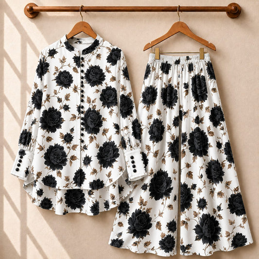 Fawoza Printed Western Shirt & Plazo Style 2-Pcs Stiched Co-Ord Set.