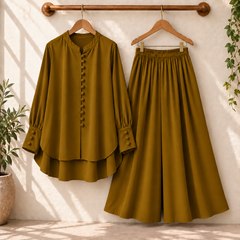 Fawoza Solid Western Shirt & Plazo Style 2-Pcs Stiched Co-Ord Set.