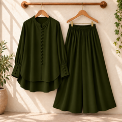 Fawoza Solid Western Shirt & Plazo Style 2-Pcs Stiched Co-Ord Set.