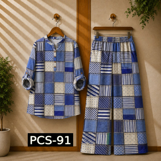 Binara Printed Western Shirt Style 2-Pcs Stiched Co-Ord Set. PCS-91