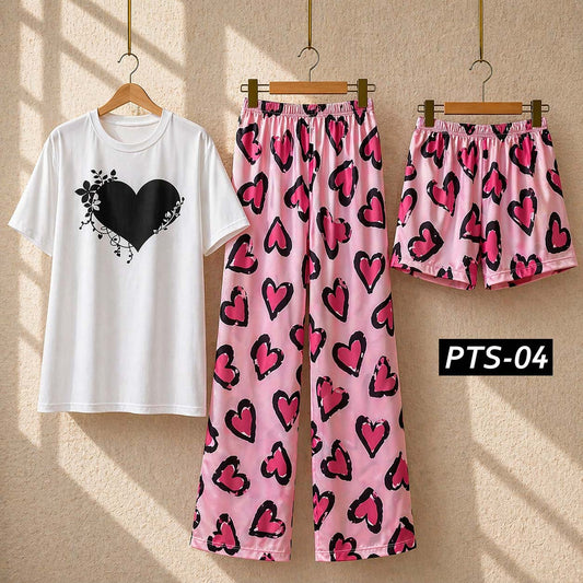 Pink-Heart Printed 3-Pcs Summer Launge & Night Wear Suit. PTS-04