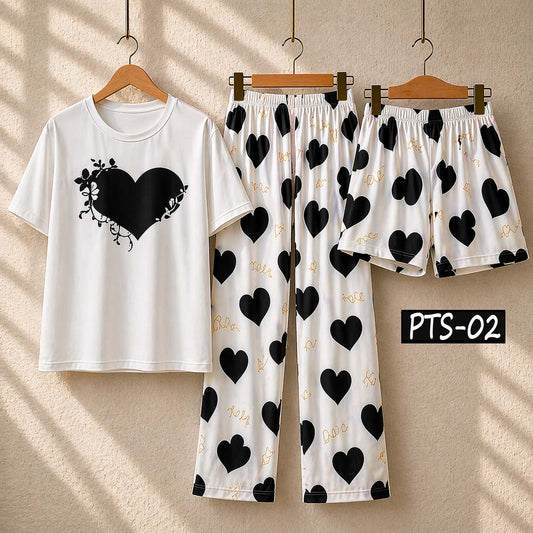 Heart Printed 3-Pcs Summer Launge & Night Wear Suit. PTS-02