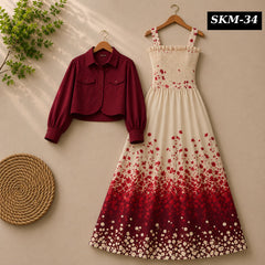 Short Koti & Printed Smoky Maxi Style Western 2-Pcs Stiched Suit. SKM-34