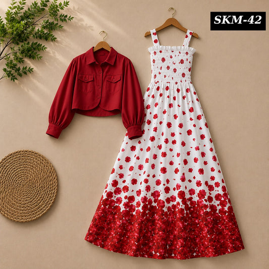 Short Koti & Printed Smoky Maxi Style Western 2-Pcs Stiched Suit. SKM-42