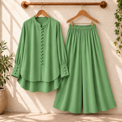 Fawoza Solid Western Shirt & Plazo Style 2-Pcs Stiched Co-Ord Set.
