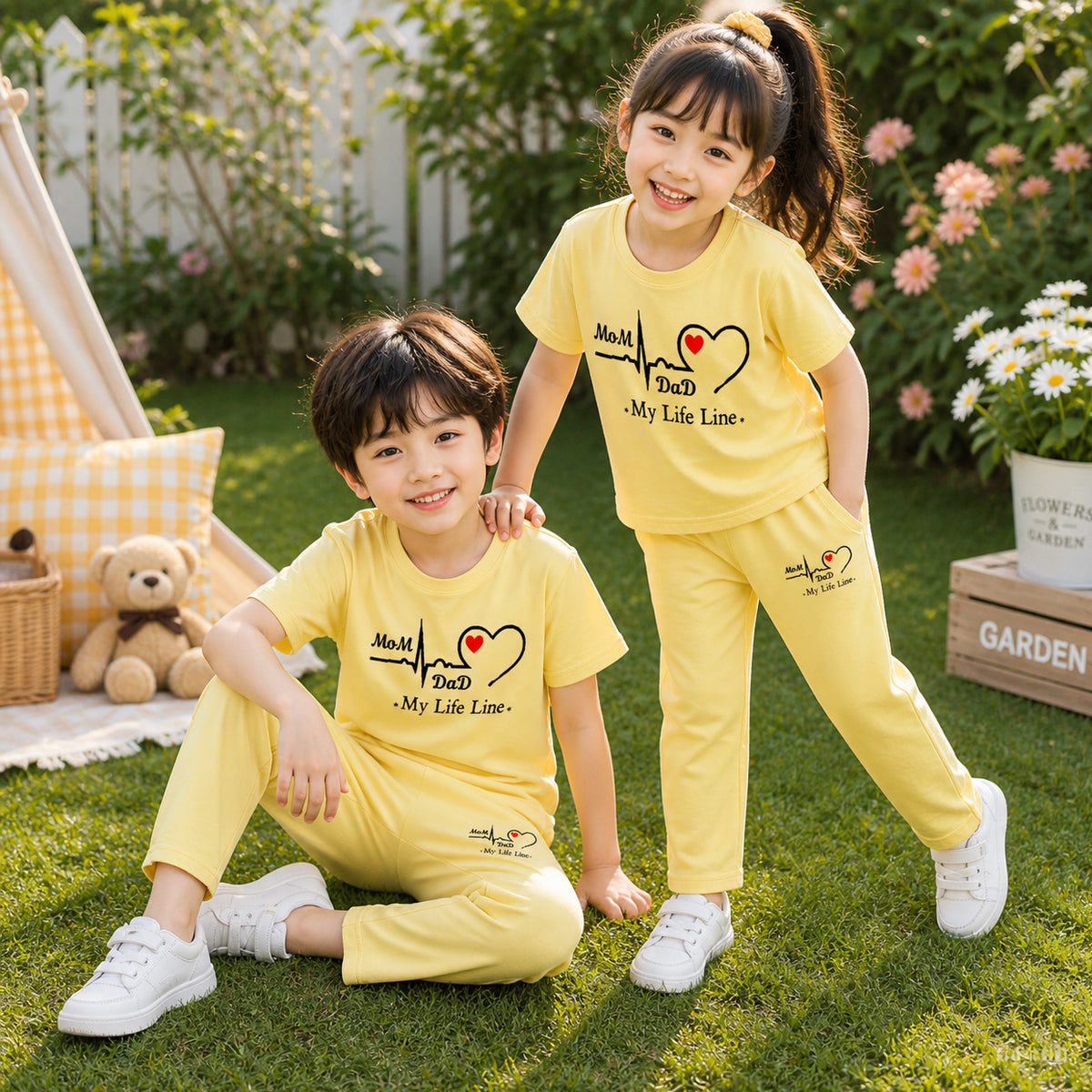 Yellow I Love D+M Kids Trouser Pintex Style 2-Pcs Summer Suit. (HTS+TR)