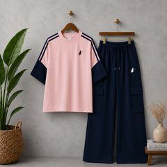 Contrast Cargo Polo Style Printed Western 2-Pcs Summer Tracksuit For Her. WSTS-10