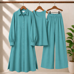 Safina Solid Western Long Shirt & Plazo Style 3-Pcs Stiched Co-Ord Set.