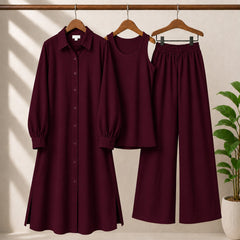 Safina Solid Western Long Shirt & Plazo Style 3-Pcs Stiched Co-Ord Set.
