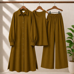 Safina Solid Western Long Shirt & Plazo Style 3-Pcs Stiched Co-Ord Set.