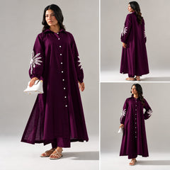 Sofitel Embroidered Crosshatch Long Shirt & Plazo Style 2-Pcs Stiched Co-Ord Set.