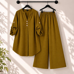 Binara Solid Color Western Shirt Style 2-Pcs Stiched Co-Ord Set.