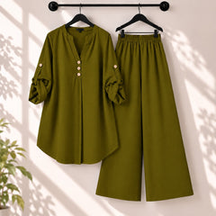 Binara Solid Color Western Shirt Style 2-Pcs Stiched Co-Ord Set.