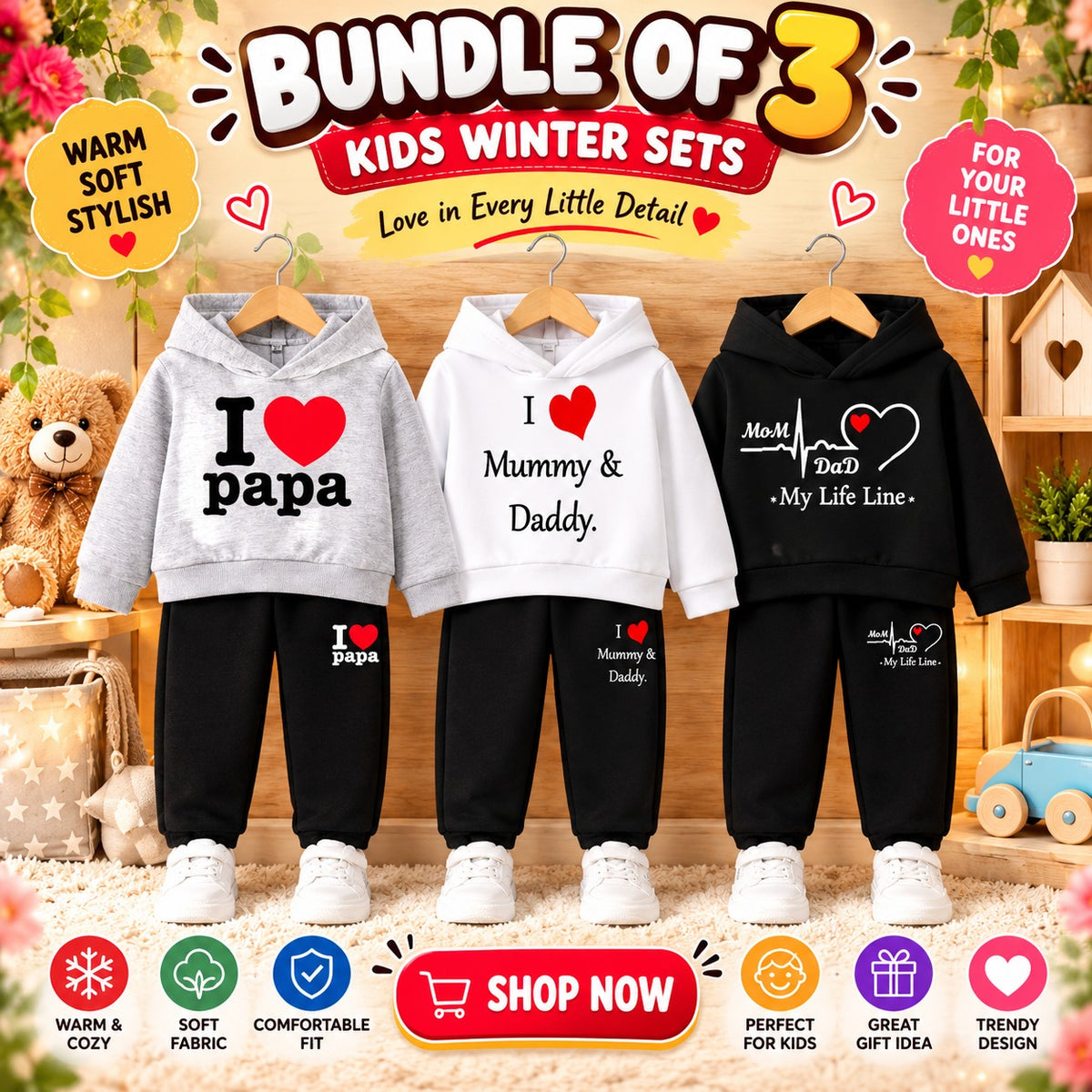 Bundle Of 3 Kids Hoodie Style 2-Pcs Winter Suit. Black-White-Grey