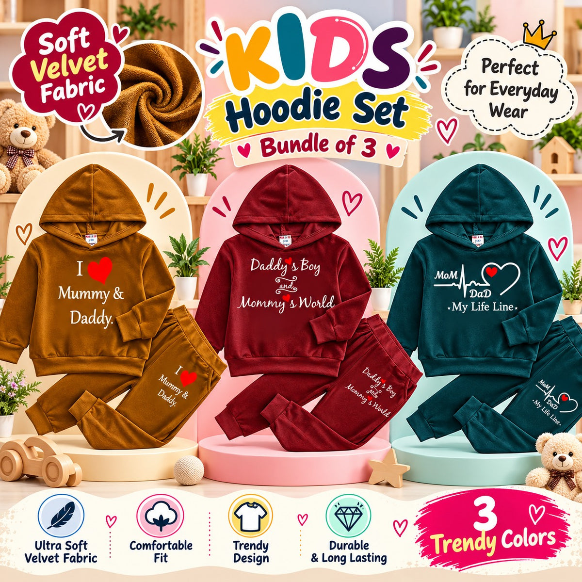 Bundle Of 3 Kids Velvet Hoodie Style 2-Pcs Winter Suit. Camel-Green-Maroon